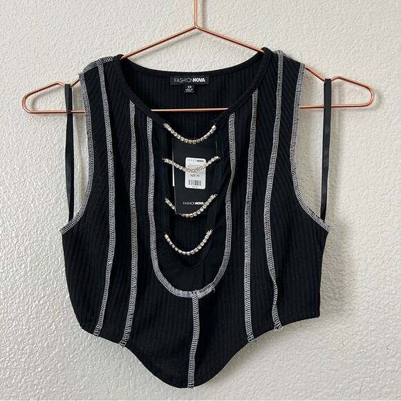 Fashion Nova Come Here Zaddy Rhinestone Crop Top black white stitching - Picture 1 of 6